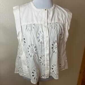 Calypso St. Barth Off White Cream Eyelet Floral Sleeveless Blouse LARGE